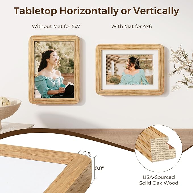 5x7 Picture Frame, 5 by 7 Photo Frames for Wall & Tabletop Display, Solid Oak Wood Frames with Plexiglass, 5x7 Frame Matted to 4x6, Light Wood 5 x 7 Gallery Wall Frame set, Natural Oak Color, 1 Pack