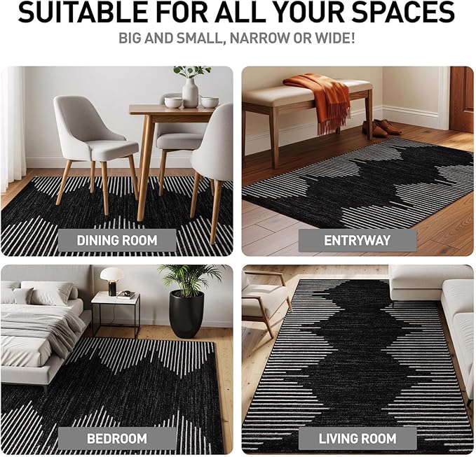 Rugshop Bohemian Stripe Stain Resistant High Traffic Living Room Kitchen Bedroom Dining Home Office Area Rug 4' x 6' Black
