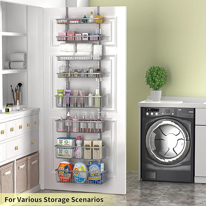 Moforoco Grey Over The Door Pantry Organizer, Pantry Door Organizer Shelves, Kitchen Organizers and Storage, Hanging Basket Wall Spice Rack Seasoning Shelves, Laundry Room Bathroom accessories