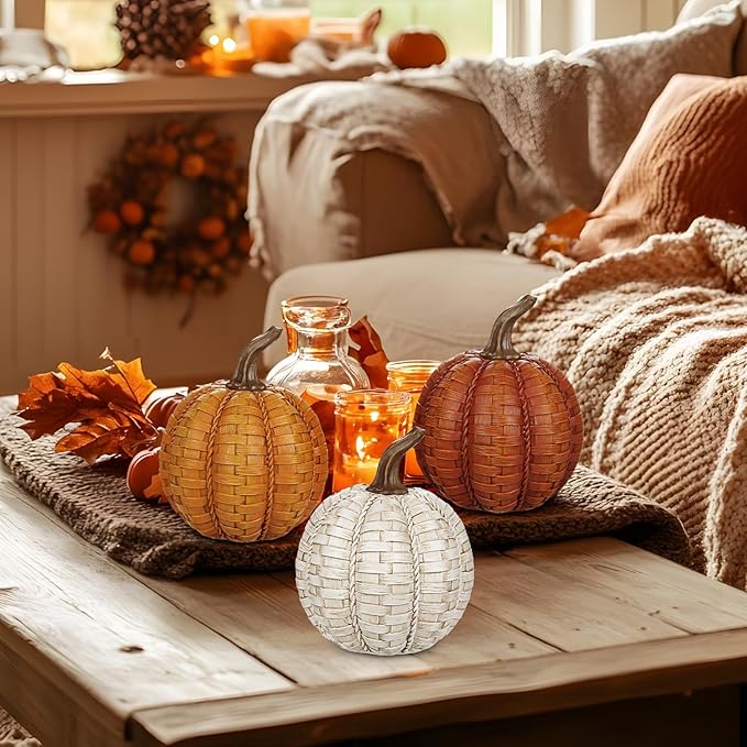 6 Inch Large Artificial Pumpkins, 3 Pcs Fall Pumpkin Decor Beige Orange Clay Brown Faux Resin Pumpkins Woven Pumpkin Centerpiece for Rustic Farmhouse Fall Thanksgiving Autumn Harvest Table Decor