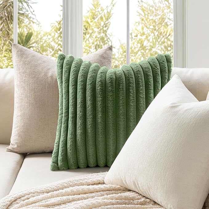 MIULEE Faux Fur Decorative Throw Pillow Covers 20x20 Inch Set of 2, Modern Spring Home Decor Soft Plush Couch Pillows Cozy Fluffy Cushion Covers for Sofa Bed Moss Green