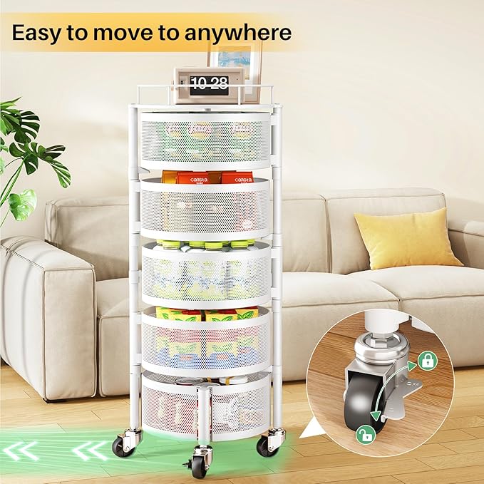 SNTD Fruit and Vegetable Basket Bowls for Kitchen with Metal Top Lid, 5 Tier Rotating Storage Rack Cart for Potato Onion Banana, Wire Basket Organizer on Wheels, Large (White)