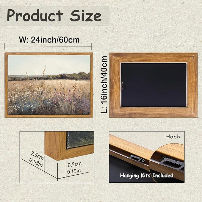 KBKBART Framed Vintage Wall Art Prints, Retro European Country Autumn Wildflower Field Landscape Canvas Painting Farmhouse Decor, Rustic Antique Framed Canvas Wall Art for Bathroom, Bedroom, Living