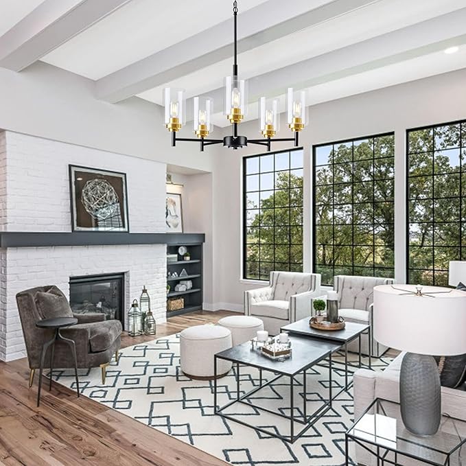 Kitchen Island Lighting - 5 Lights Modern Glass Chandelier for Dining Room, Farmhouse Pendant Light Over Table for Foyer Living Room Bedroom (Black and Gold)