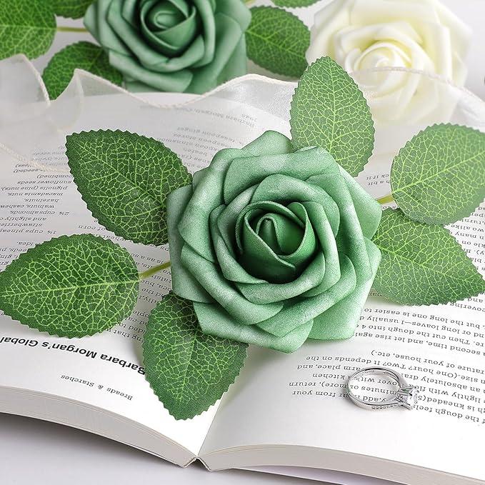 AmyHomie 25pcs Real Looking Artificial Shades of Forest Roses w/Stem for DIY Wedding Bouquets Centerpieces Arrangements Party Baby Shower Home Decorations