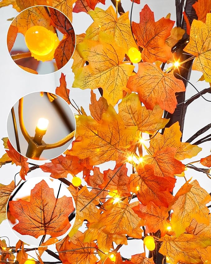 Agusbagli 7FT 128LED Lighted Maple Tree Thanksgiving Decorations with Timer 8 Modes Dimmable Artificial Fall Light Up Tree with 256 Leaves 32 Acorns for Harvest Indoor Outdoor Decor