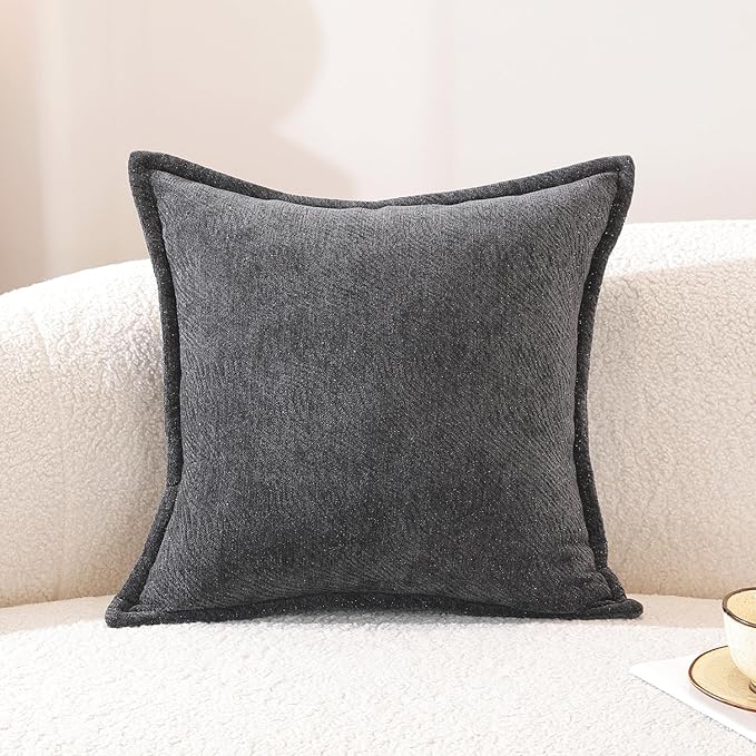 AVOIN colorlife Black Chenille Throw Pillow Covers 18 x 18 Inch Set of 2, Soft Cozy Bound Edge Design Home Decor Cushion Case for Living Room Bed Sofa Coach