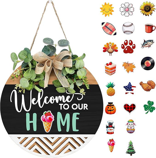 GOSSBY Interchangeable Welcome Sign for Front Door - WELCOME TO OUR HOME - Seasonal Rustic Wood Wreath - Hanging Wall Sign Decoration for Outside, Porch, Farmhouse - New Home, Housewarming Gift