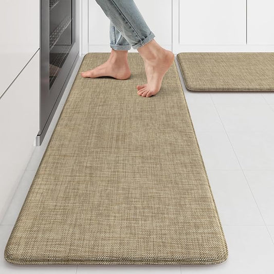 KIMODE Anti Fatigue Kitchen Mats, 17"x47"+17"x29" Farmhouse Kitchen Rugs Sets of 2, Non Slip Kitchen Mats for Floor, Cushioned Kitchen Floor Mats for Sink Laundry Office Desk Light Brown
