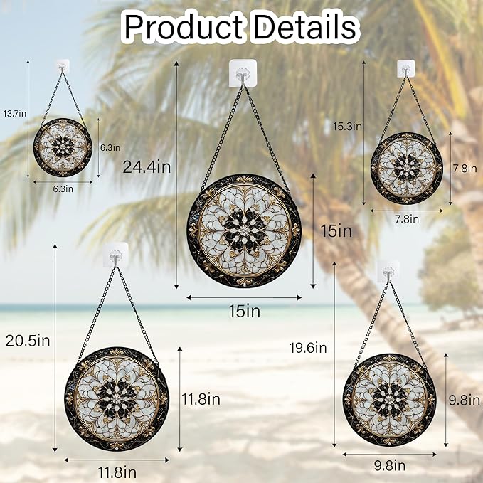 Stained Glass Window Hanging, Black and White Gold Boho Pattern Suncatcher for Doors Window Home Abstract Flower Sun Catchers Decor Mother's Day Birthday Gifts for Women, Men Mom 7.8 in
