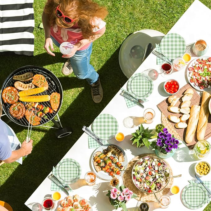 180Pcs Green Gingham Party Supplies Paper Plates and Napkins Serve 60 Disposable Tableware Set for Birthday Party Decorations Game Day Family School Holiday Sports Events