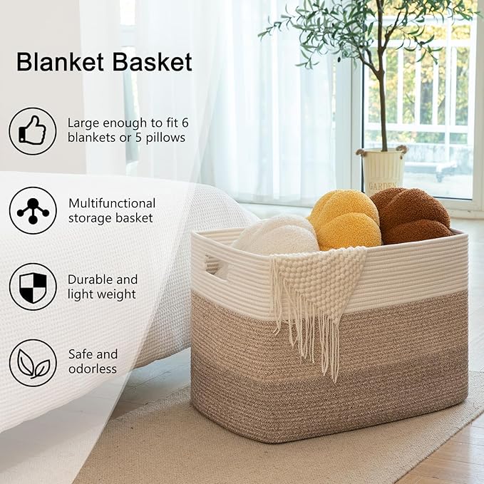 OIAHOMY 108L Large Cotton Rope Basket, Rectangle Woven Baskets for Storage, Nursery Blanket Storage Living Room, Toy Basket With Handle-25”x16”x16”-Gradient Yellow
