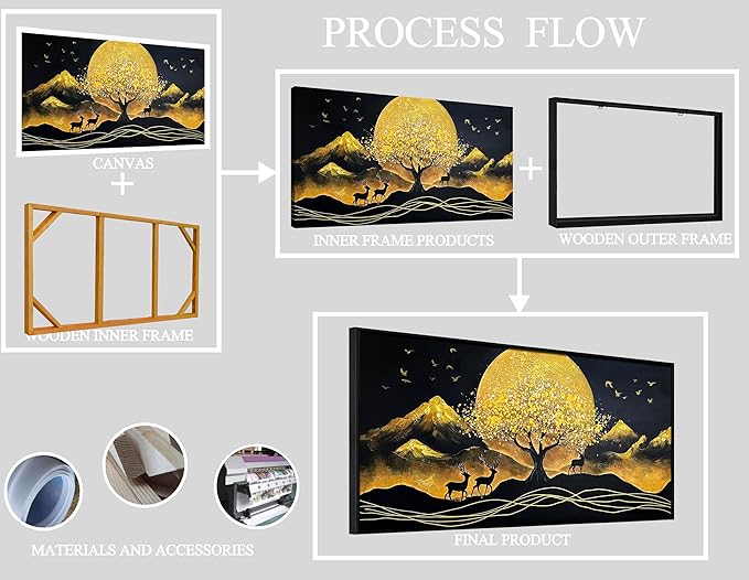 CIRABKY Moon Hand Painted Wall Art for Bedroom - Tree Black and Gold Canvas Wall Decor for Living Room Large Size - Black Frames Artwork Size 29" x 59"