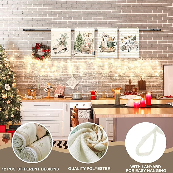 12 Pcs Christmas Kitchen Towels and Dishcloths Absorbent Christmas Tree Reindeer Truck Hand Dish Towels Decoration for Xmas Home Gift Supplies, 14.2 x 21.3 Inch(Cute Style)