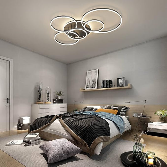 Modern LED Ceiling Light 106W Dimmable Acrylic Ceiling Lamp with Remote Control 6 Rings Circle Living Room Light Fixtures Ceiling Black Ceiling Chandelier Lighting for Bedroom Dining Room (5+1B01)