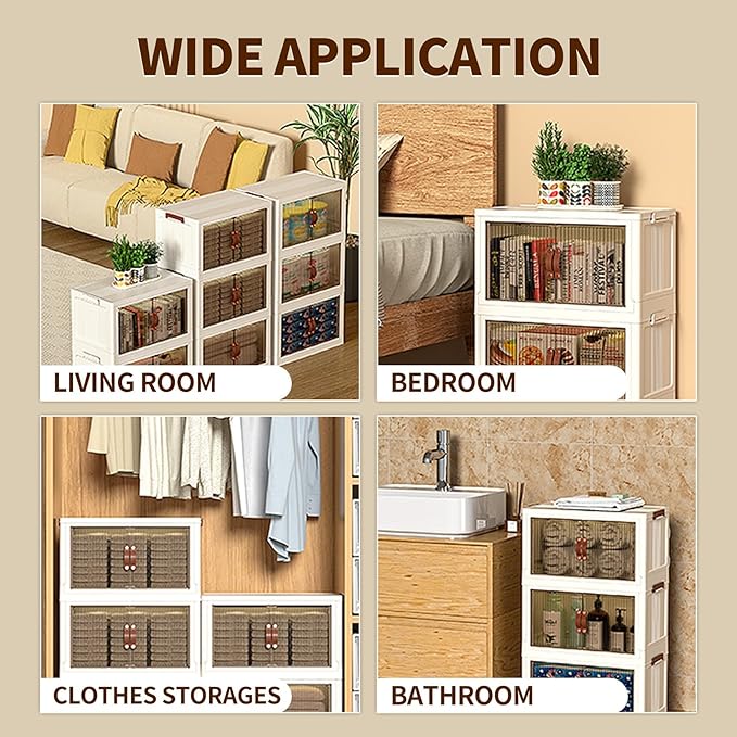 4-Tier Stackable Storage Bins with Lids & Open Front Design, Foldable Storage Bins with Wheels for Home Organization, Collapsible Space Saving Multi-Layer Storage Organizer, 86QT