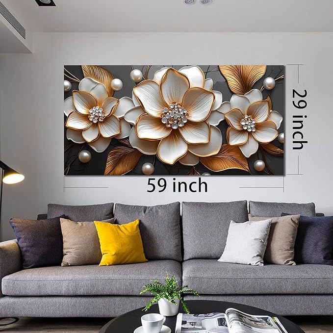 Large Flower Canvas Wall Art Bedroom - White and Gold Wall Decor for Girls Room - Floral Dining Room Wall Art Size 29" x 59"