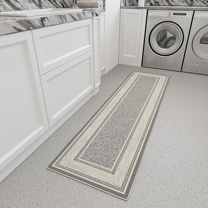 Ottomanson Hallway Runner Rug 1'10" x 7' Non Slip Border Area Rugs Easy to Clean Laundry Rug Runner Durable & Pet Friendly Floor Carpet Runners for Hallways Entryway Living Room Kitchen, Light Gray