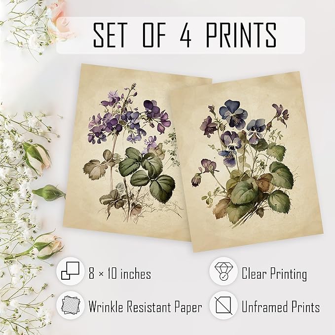 HRQKO Vintage Botanical Purple Flower Wall Art Poster Prints Set of 4, Floral Wall Decor, Wildflower Artwork Printing Wall Decor, Retro Floral Wall Art Prints for Living Room Bedroom 8”x10” Unframed