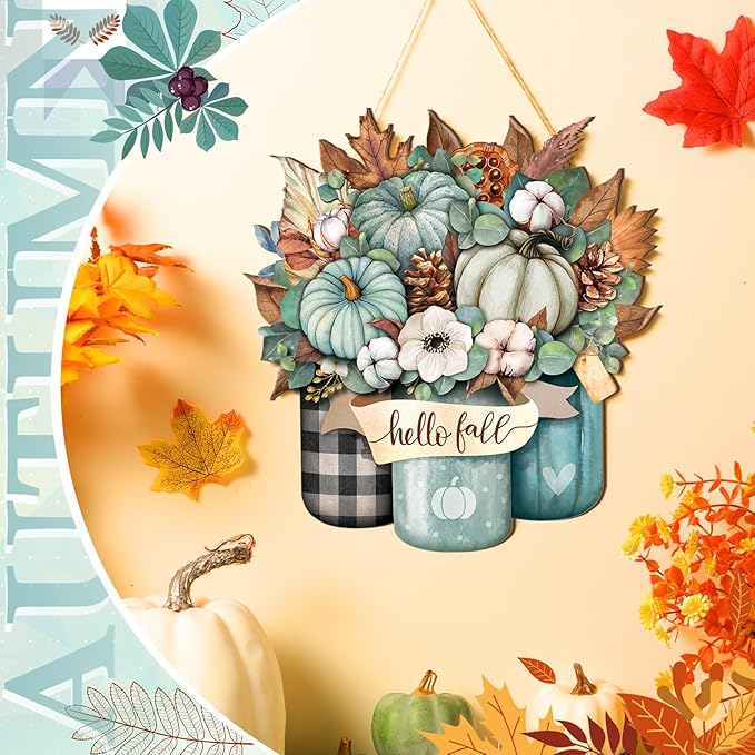 Boao Blue Hello Fall Door Decorations for Home Thanksgiving Decor Pumpkin Plaid Hanging Sign Wooden Front Door Hanger for Autumn Harvest Thanksgiving Porch Indoor Outdoor Home Decorations