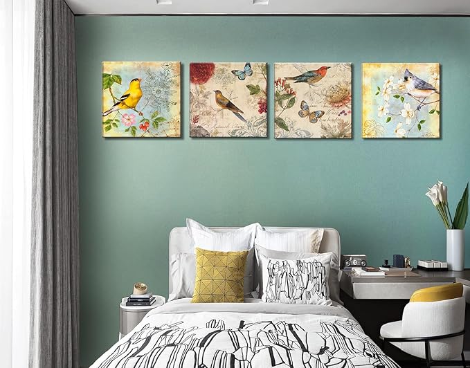Flowers Birds Canvas Wall Art for Bedroom Floral Wall Decor Butterfly Picture Framed Artwork Vintage Prints Paintings for Bathroom Kitchen Decorations