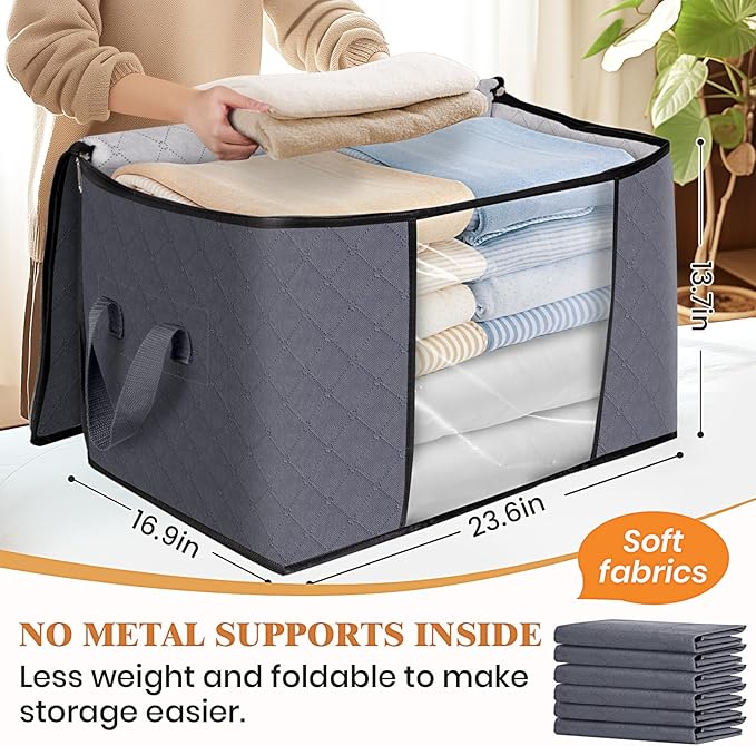 Fab totes 90L Clothes Storage, Foldable Thick Fabric Blanket Storage Bags, Containers for Organizing Bedroom, Closet, Clothing, Comforter, Organization with Handle (8 Pack,Grey)