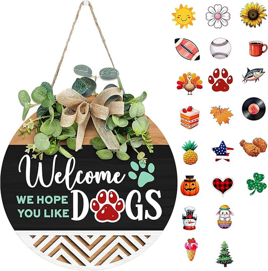 GOSSBY Interchangeable Welcome Sign for Front Door - WE HOPE YOU LIKE DOGS - Seasonal Rustic Wood Wreath - Hanging Wall Sign Decoration for Outside, Porch, Farmhouse - New Home, Housewarming Gift