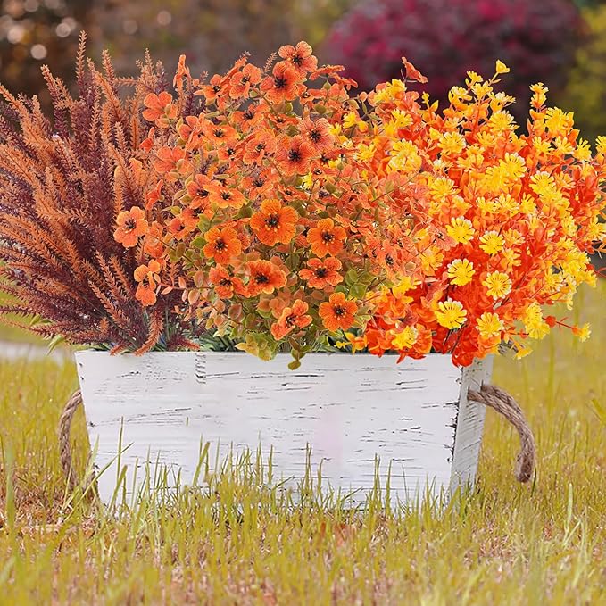 16PCS Artificial Fall Flowers Outdoor Faux Autumn Lavender Plants UV Resistant Fake Greenery Shrubs Fall Decorations for Thanksgiving Harvest Wedding Porch Window Box