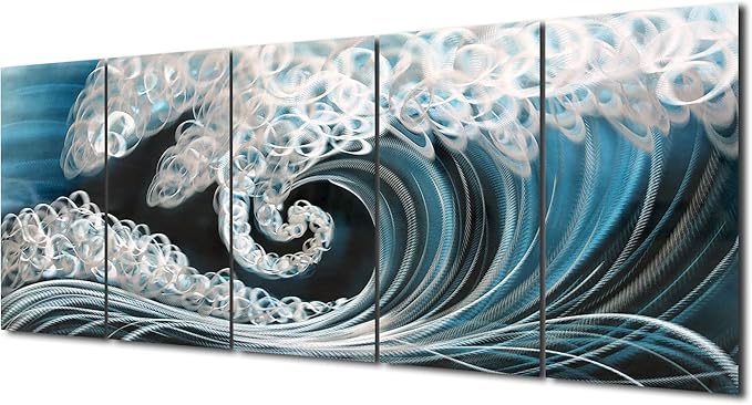 Yihui Arts Handcrafted 3D Metal Wall Art - Ocean Wave Sculpture, 5 - Panel Aluminum Decor for Living Room, Bedroom & Office