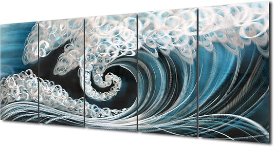 Yihui Arts Handcrafted 3D Metal Wall Art - Ocean Wave Sculpture, 5 - Panel Aluminum Decor for Living Room, Bedroom & Office