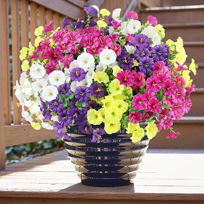 12PCS Artificial Flowers for Outdoor Decorations, Realistic Faux Silk Petunia Flowers for Outside, Fake Plants Morning Glory with Eucalyptus Porch Patio Planters Window Boxes Decor