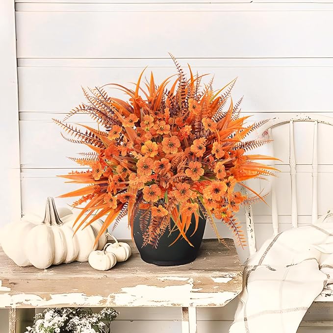 Faux Fall Flowers Outdoor, 16Pcs Artificial Fall Flowers UV Resistant Autumn Plastic Flowers Plants Fall Greenery Shrubs for Outside Porch Patio Garden House Thanksgiving Decor