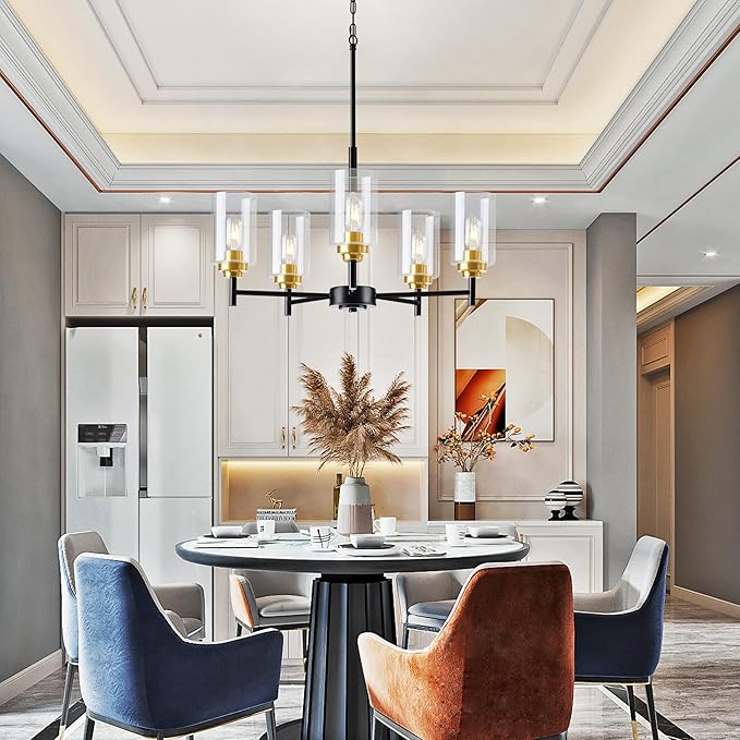 Kitchen Island Lighting - 5 Lights Modern Glass Chandelier for Dining Room, Farmhouse Pendant Light Over Table for Foyer Living Room Bedroom (Black and Gold)