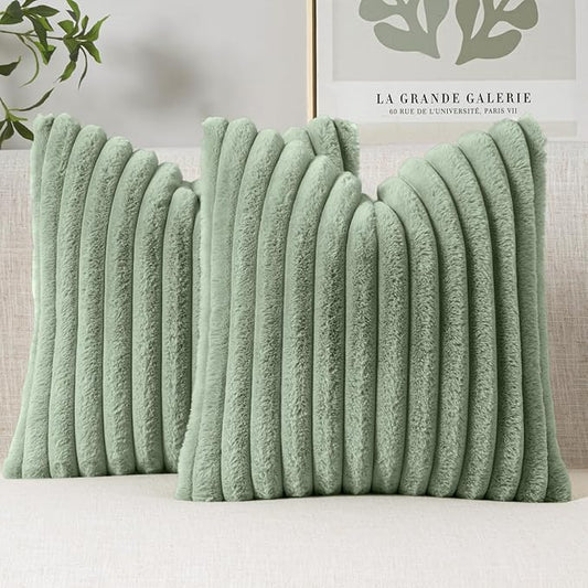 MIULEE Faux Fur Large Decorative Throw Pillow Covers 24x24 Inch Set of 2, Modern Spring Home Decor Soft Plush Couch Pillows Cozy Fluffy Cushion Covers for Sofa Bed Sage Green