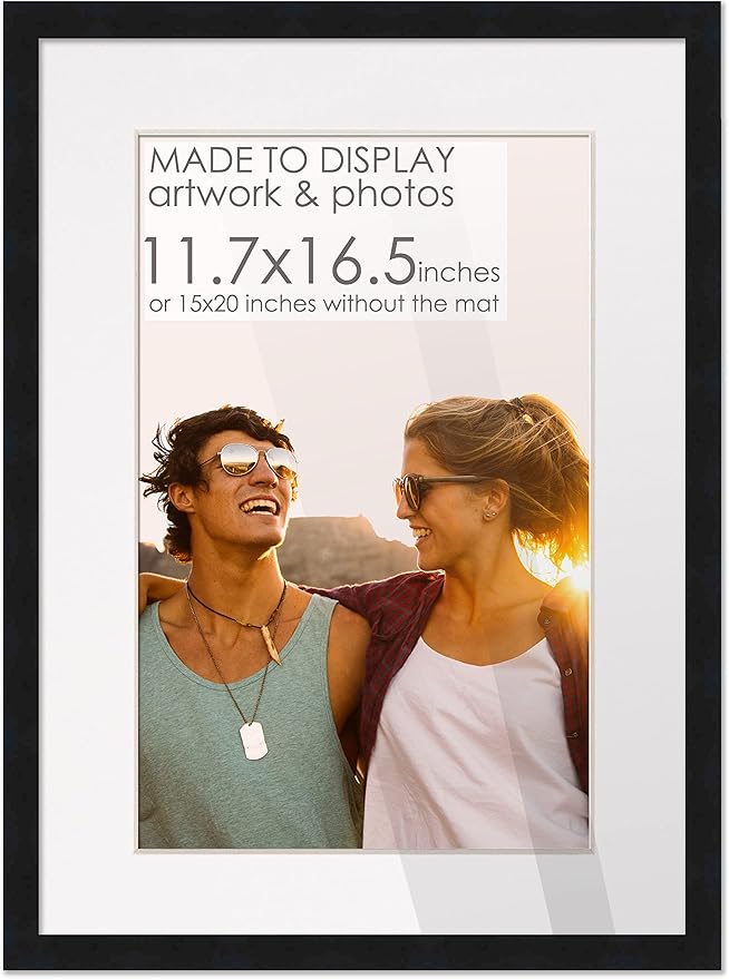 CountryArtHouse A3 11.7x16.5 Black Frame with White Mat | Solid Wood | 15x20 Frame Matted to 11.7x16.5 | UV Acrylic Shatter Guard Front, with Foam Board Backing and Wall Hanging Hardware - Wood Frame