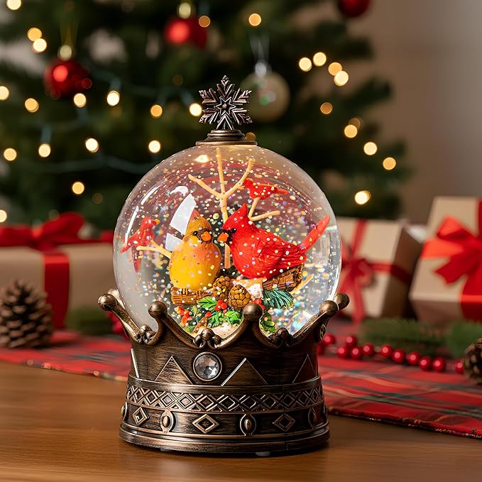 Cardinal Christmas Snow Globe, Lighted 2 Cardinal Musical Water Lantern with Swirling Glitter, Christmas Holiday Party Gifts and Decorations