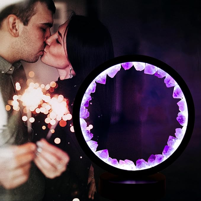Runyangshi Amethyst Tooth Night Lamp 8.6" Natural Healing Crystal Bedside Lamp USB Port 3 Colours Dimming Mode Bedroom Lamp Suitable Night Light Ideal Gift