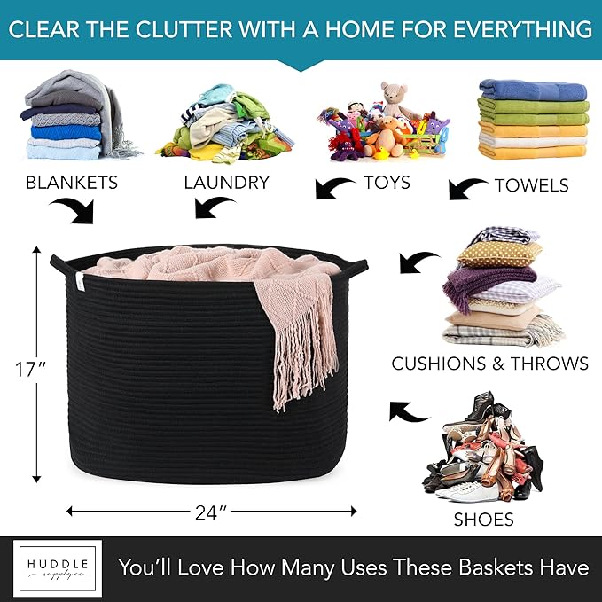 XXXXL WASHABLE Large Black Basket Blanket Basket Living Room 2PCs Toy Baskets Storage Kids Woven Rope XXX Extra Large Basket for Blankets,Pillows,Throws,Laundry + Small Basket | BIG Basket Blanket