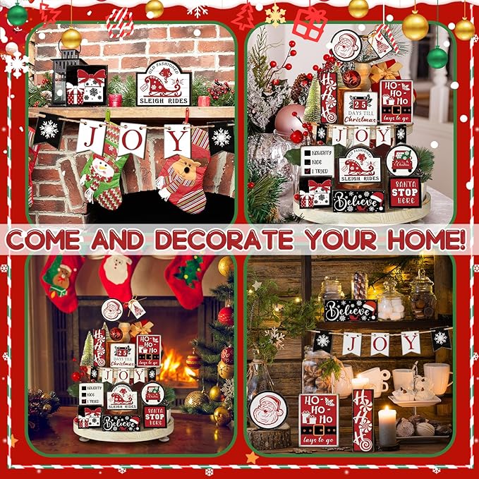 17 Pcs Christmas Tiered Tray Decor Set Winter Tiered Tray Decorations Farmhouse Tabletop Centerpiece Christmas Wooden 3D Sign for Xmas Home Buffalo Plaid Rustic Table Decoration(Vintage)
