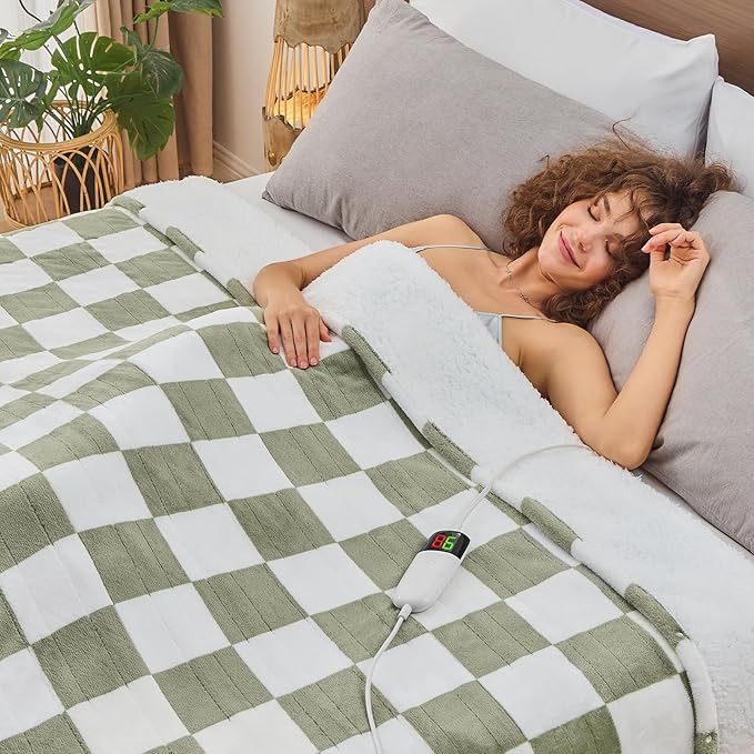 Sage Green Heated Blanket Electric Twin Size, 62X84 Heating Blanket with 10 Heat Levels & 8 Hours Auto Off, Checkered Plaid Soft Fleece Sherpa Blankets Warmer Gifts for Couch Grandma Women Adults, ETL