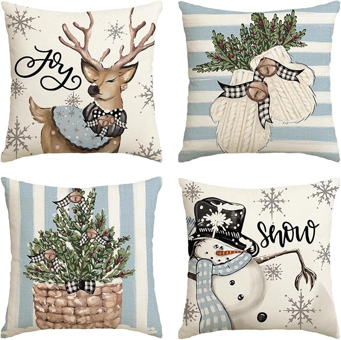 AVOIN colorlife Christmas Snowman Reindeer Gloves Eucalyptus Blue Throw Pillow Covers, 20 x 20 Inch Winter Holiday Stripes Cushion Case Decoration for Sofa Couch Set of 4