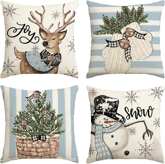AVOIN colorlife Christmas Snowman Reindeer Gloves Eucalyptus Blue Throw Pillow Covers, 20 x 20 Inch Winter Holiday Stripes Cushion Case Decoration for Sofa Couch Set of 4