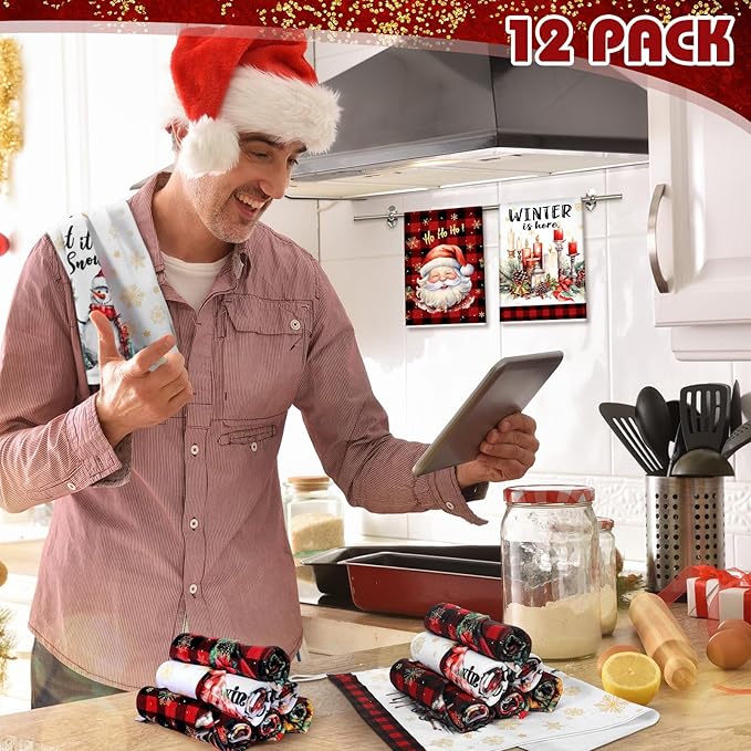 12 Pcs Christmas Kitchen Towels and Dishcloths Absorbent Christmas Tree Reindeer Truck Hand Dish Towels Decoration for Xmas Home Gift Supplies, 14.2 x 21.3 Inch(Fresh Style)