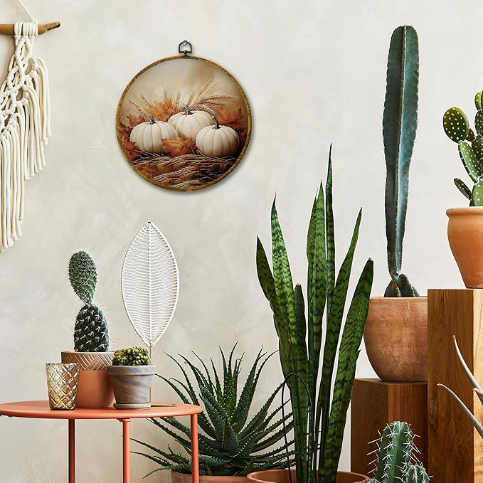 Mcehtle Rustic Fall White Pumpkin Wall Art Decor, Rustic Autumn Pumpkin Maple Leaf Framed Canvas Prints 10x10, Farmhouse Fall Round Wall Hanging Artwork Decorations for Bedroom Living Room Home