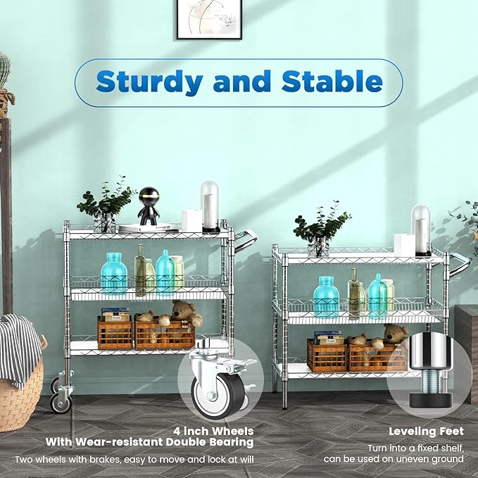 Leteuke Heavy Duty 3 Tier Rolling Utility Cart,NSF Certified 990Lbs Capacity Rolling Carts with Wheels,Commercial Grade Metal Cart with Handle Bar & Shelf Liner,Trolley Serving Cart for Kitchen,Chrome