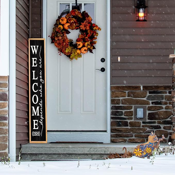 Welcome-ish Sign for Front Porch Standing 45"X9" Large Farmhouse Outdoor Wood Framed Home Vertical Tall Funny Large Welcome Sign For Rustic Modern Outside Front Door Wall Decor (Wood Black)