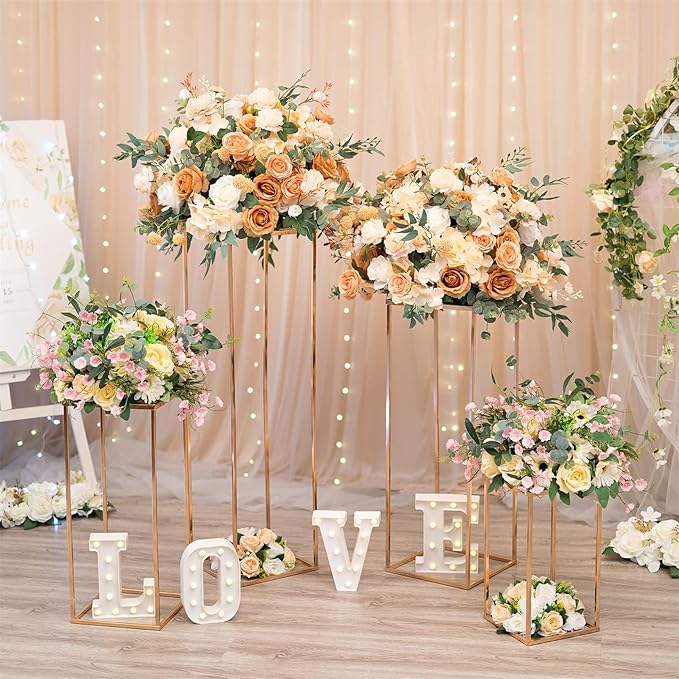 Sziqiqi Floor Vase Tables Centerpieces for Reception - 2 Pcs Metal Column Geometric Flower Stand 31.5in Gold Tall Flower Display Rack Decorations for T-Stage Wedding Party Event