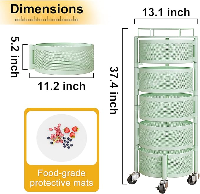 SNTD Fruit and Vegetable Basket Bowls for Kitchen with Metal Top Lid, 5 Tier Rotating Storage Rack Cart for Potato Onion Bread Banana, Wire Basket Organizer on Wheels, Large (Green)