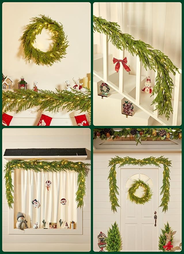 Brightown Pre-lit Christmas Garland with Lights, 6 Feet 20 LED Lighted Green Pine Leaves Garland Decorated, Battery Operated, Indoor & Outdoor Christmas Lights for Mantle Fireplace Stairs Wall Door