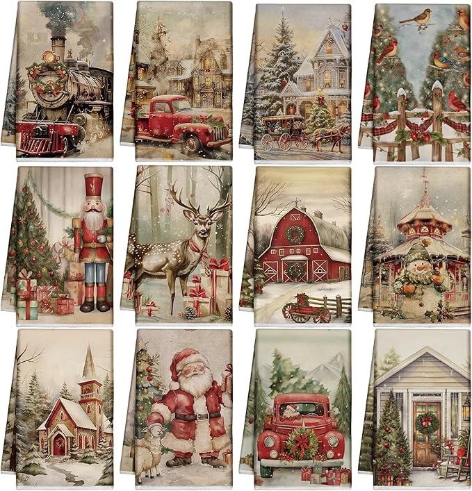 12 Pcs Christmas Kitchen Towels and Dishcloths Absorbent Christmas Tree Reindeer Truck Hand Dish Towels Decoration for Xmas Home Gift Supplies, 14.2 x 21.3 Inch(Vintage Style)